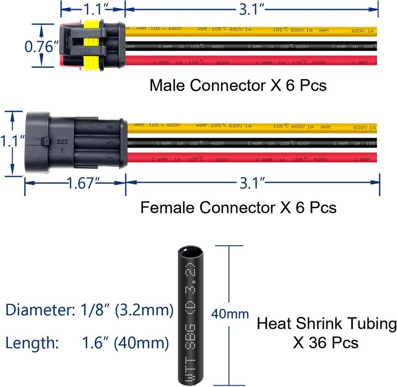 Twippo 6 Kit 16 AWG 3 Pin Connector Car Waterproof Wire Connectors 3 Pin Automotive Electrical Connectors Quick Disconnect 3 Way Wire Terminal Connector Plug and Heat Shrink Tubing Kit - Image 3